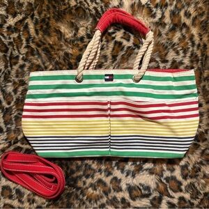 Tommy Hilfiger Multicolor Striped Tote with Red Handles